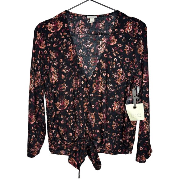 NWT Women's Floral Tie Front Blouse Top, Black Sz XS - Picture 1 of 6